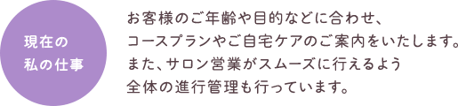 現在の私の仕事 お客様のご年齢や目的などに合わせ、コースプランやご自宅ケアのご案内をいたします。また、サロン営業がスムーズに行えるよう全体の進行管理も行っています。